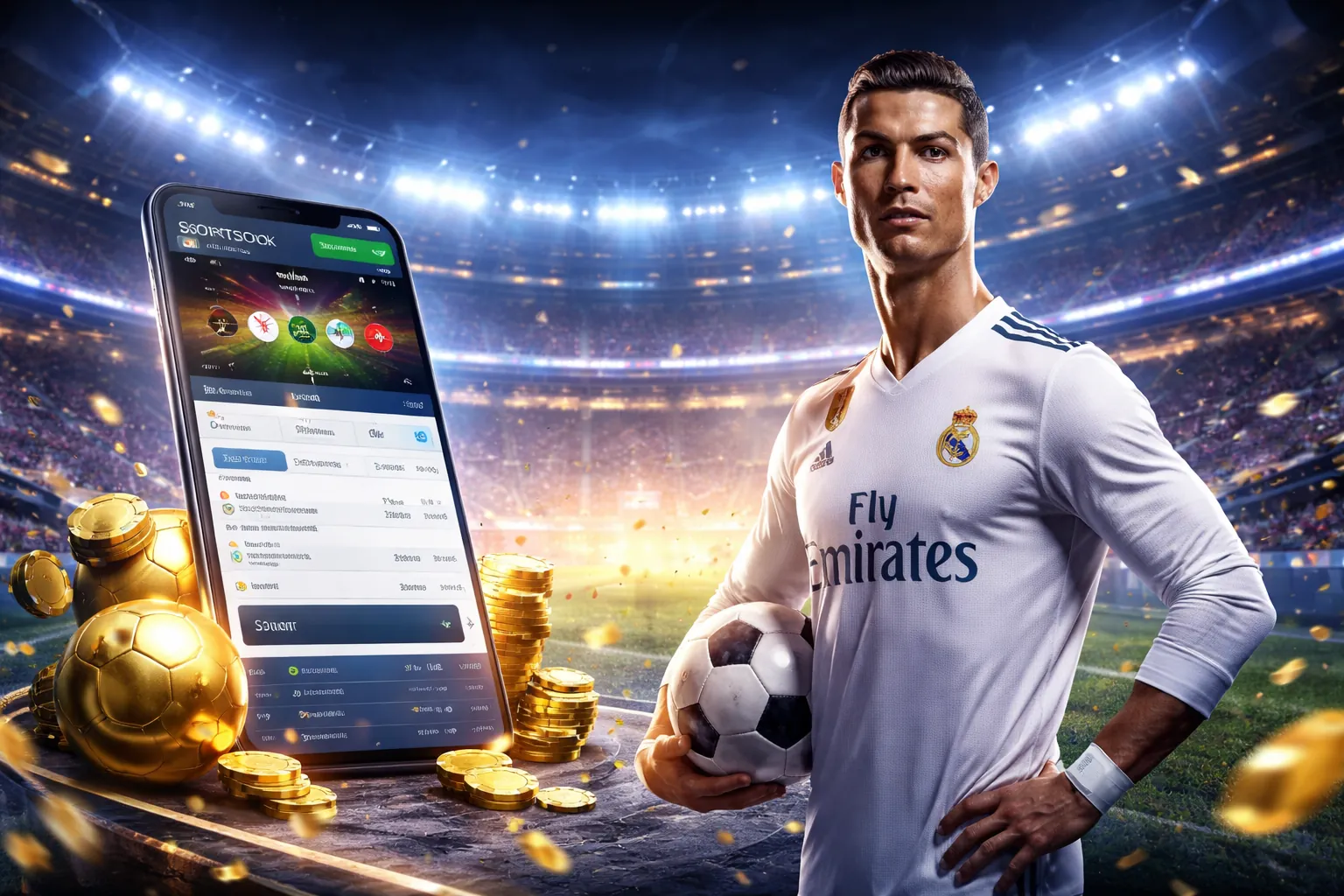 Sân vận động bóng đá với logo 13bet và người hâm mộ cuồng nhiệt